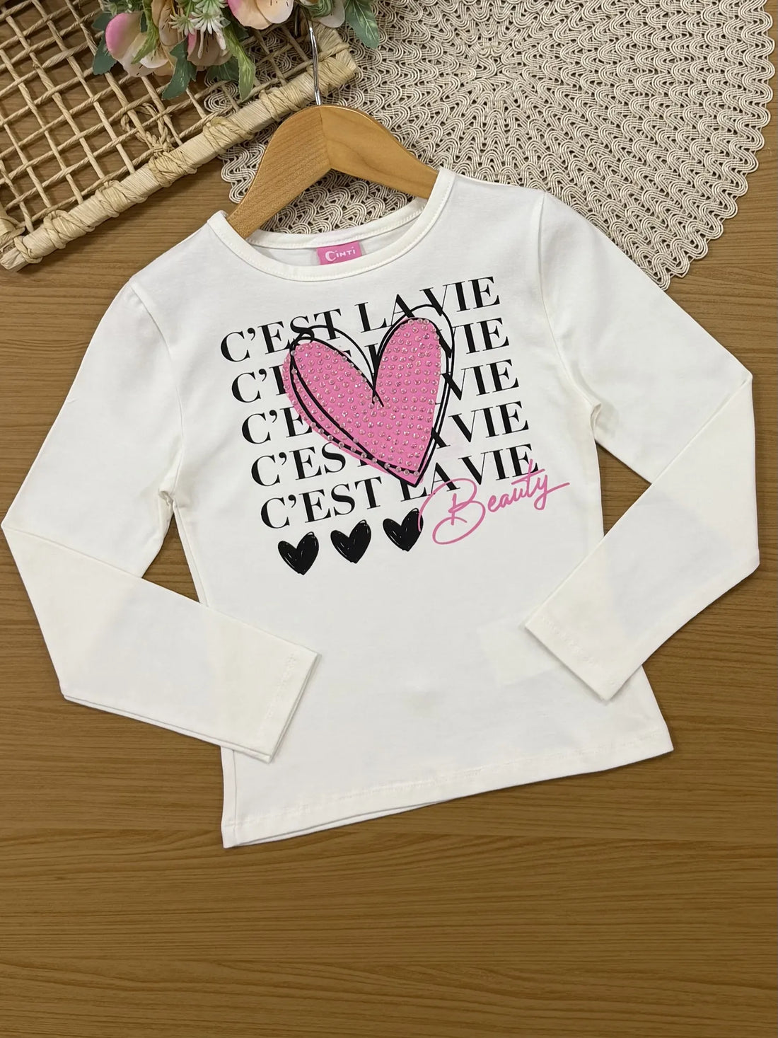 Conjunto Infantil Cinti Inverno Com Saia Rosa e Blusa Manga Longa Coração Strass