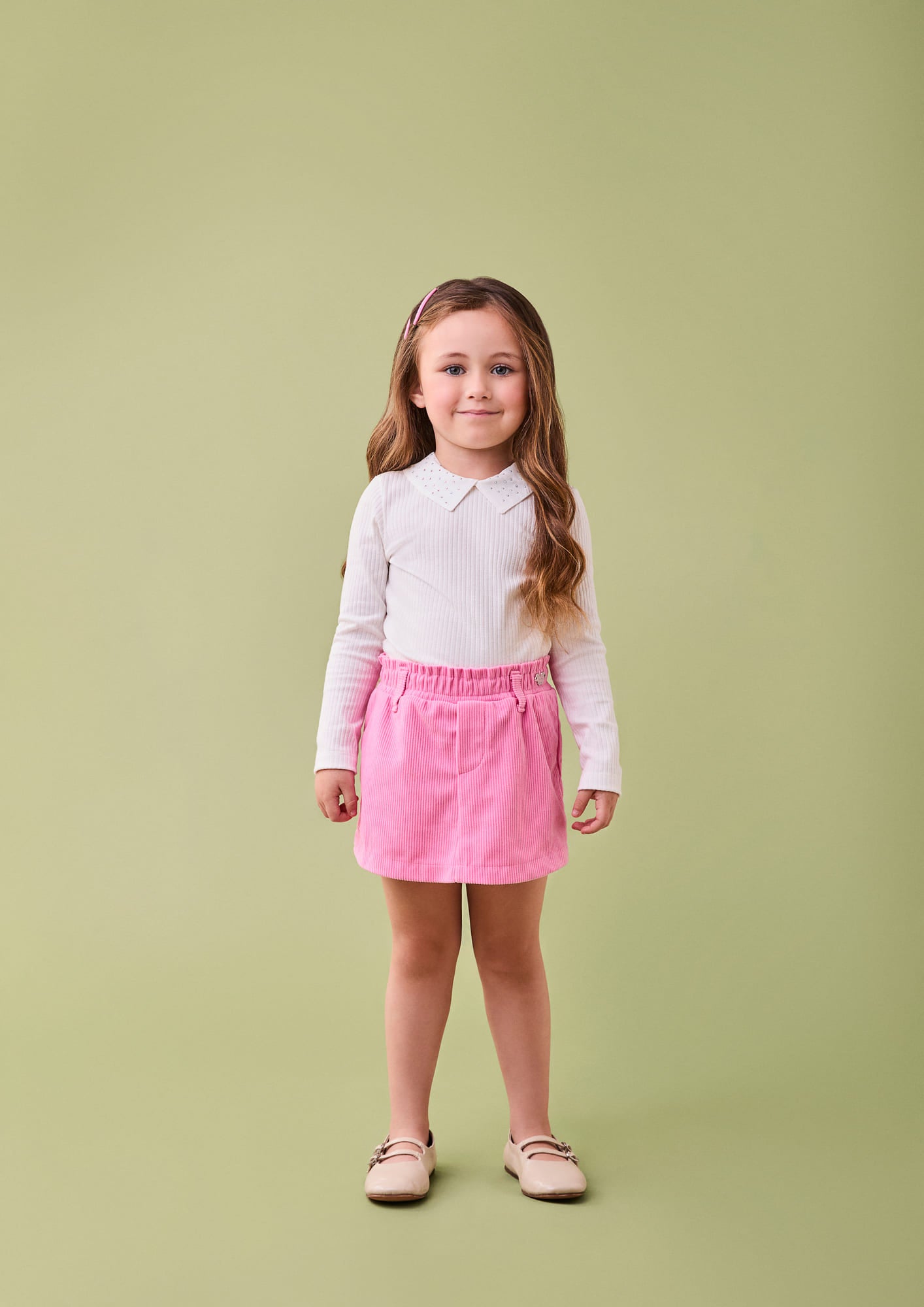 Conjunto Infantil Momi Inverno com Shorts Saia Rosa e Blusa Branca com Strass