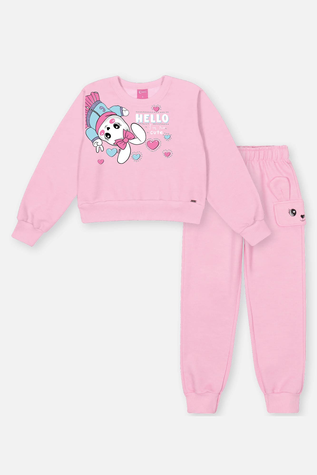Conjunto Infantil Cinti Inverno com Calça e Casaco Rosa Coelhinha com Strass