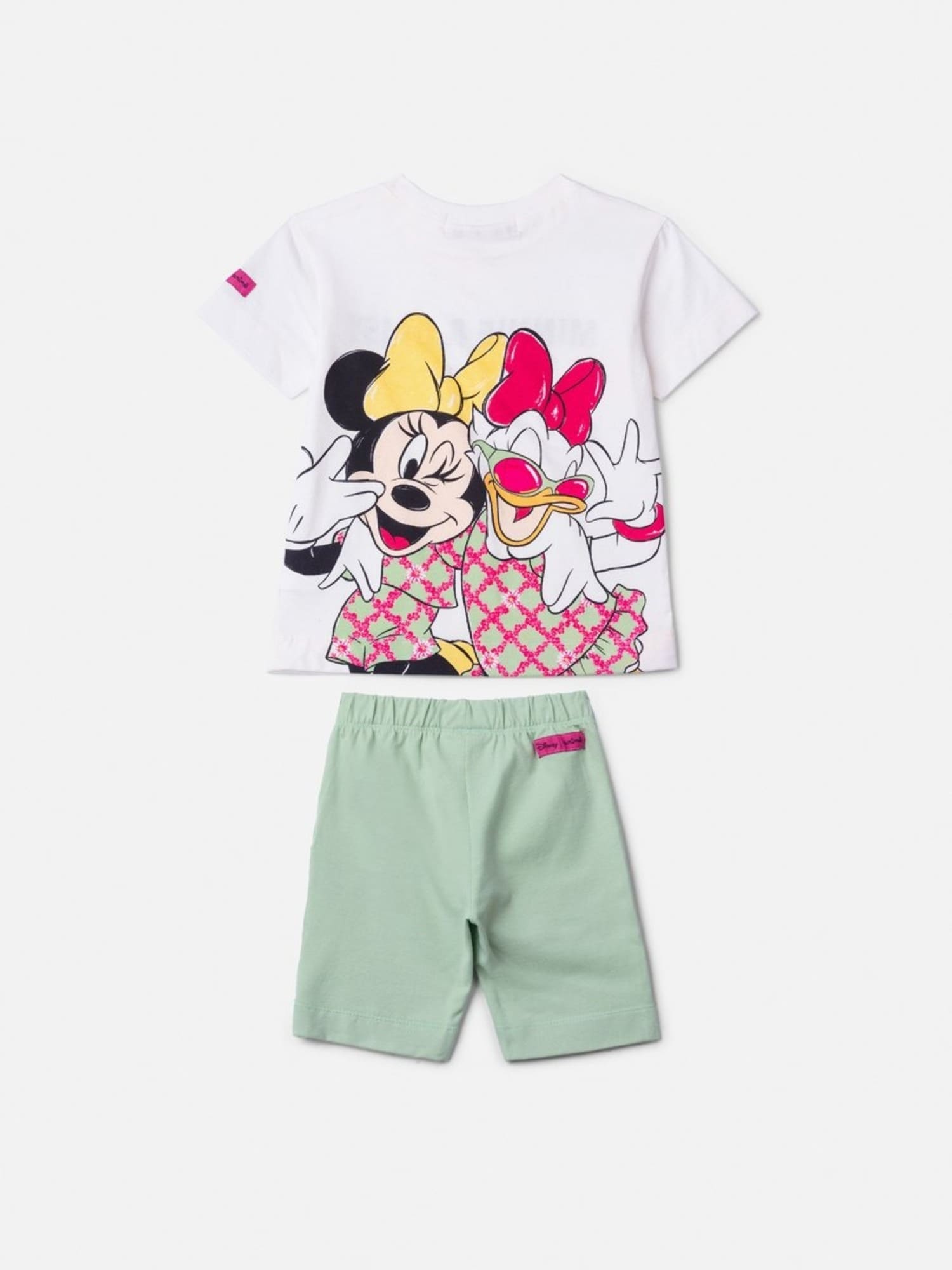 Conjunto Infantil Animê com Shorts Ciclista Verde e Blusa Branca Minnie e Daisy