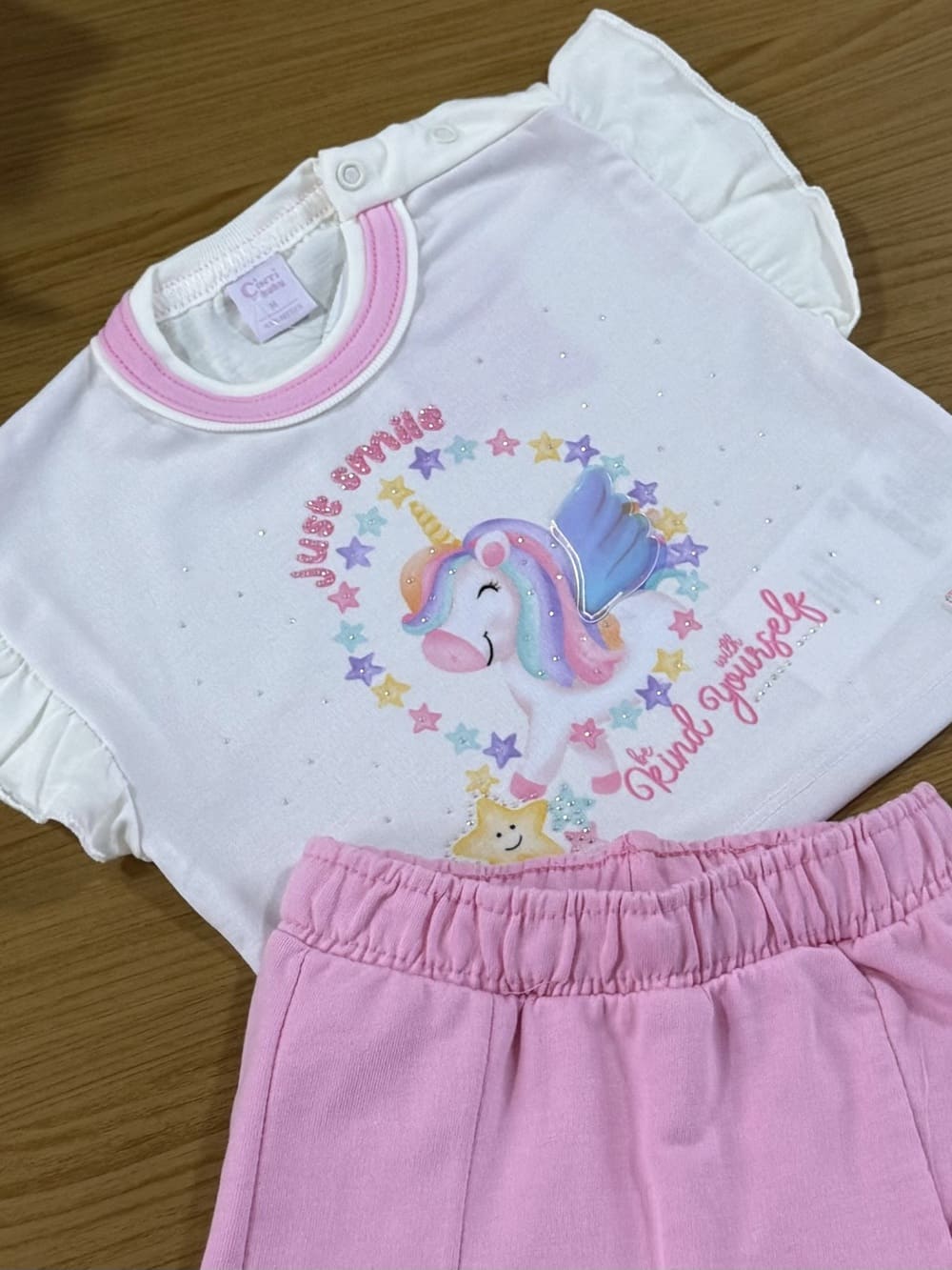 Conjunto Infantil Cinti Verão Shorts Saia Rosa e Blusa Unicórnio