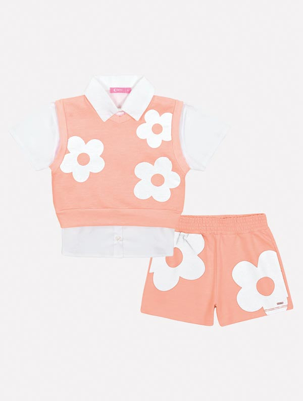 Conjunto Infantil Cinti Verão Shorts, Camisete e Colete Laranja Flor