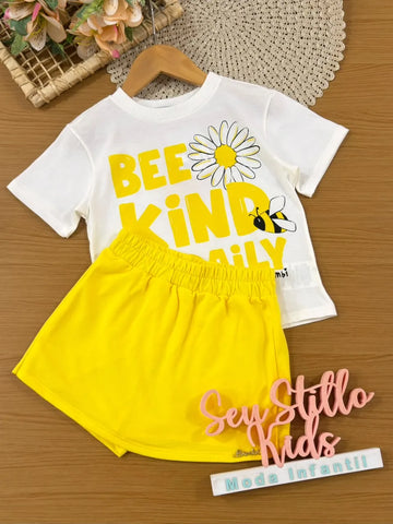 Conjunto Infantil Menina Bimbi Shorts Saia Amarelo e Blusa Abelinha