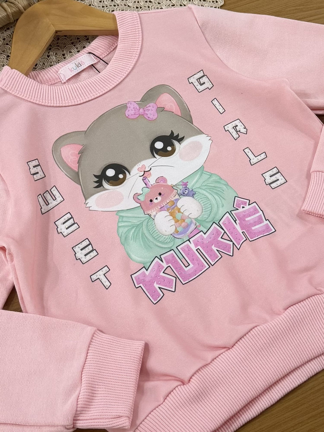 Conjunto Infantil Kukiê Inverno com Calça Legging e Moletom Sem Flanela Rosa Gatinha