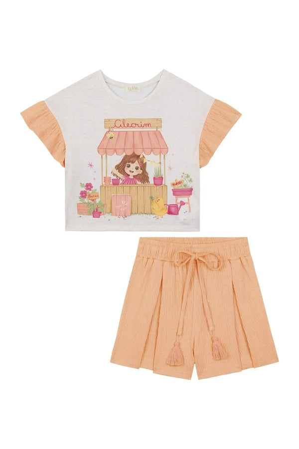Conjunto Infantil Kukiê Verão com Shorts Laranja e Blusa Off White Menininha
