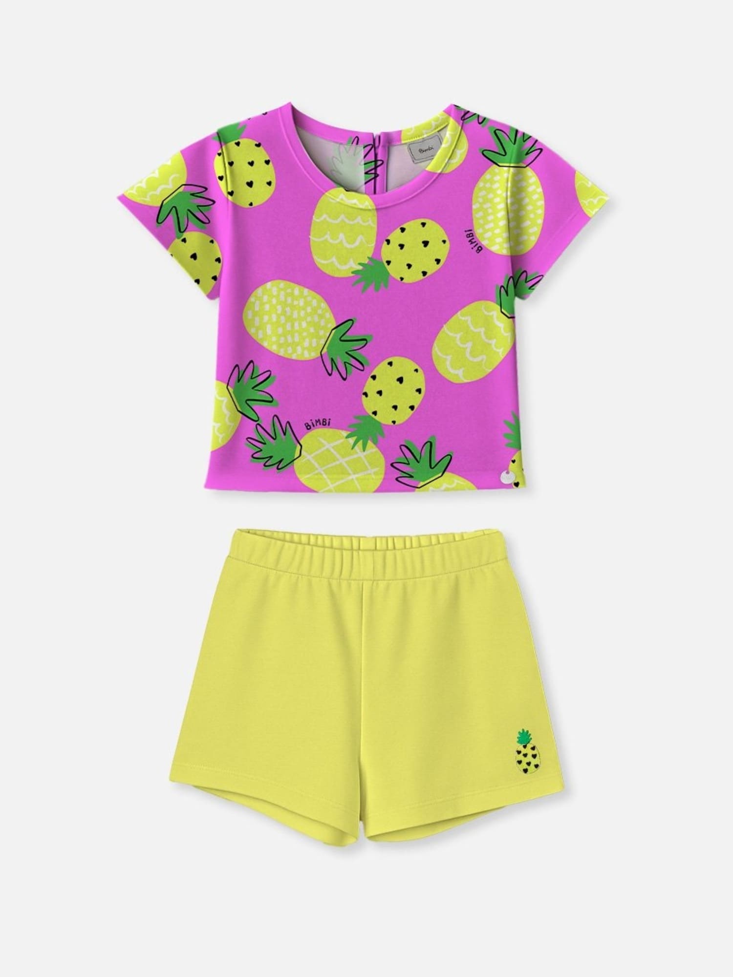 Conjunto Infantil Bimbi Verão com Shorts Verde e Blusa Roxa Abacaxis