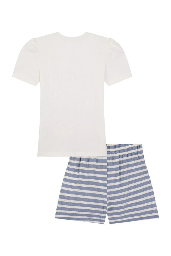 Conjunto Infantil Kukiê Verão com Shorts Azul Listrado e Blusa Branca Lacinho