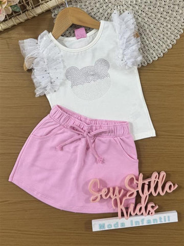 Conjunto Infantil Cinti Verão com Shorts Saia Rosa e Blusa Branca Ursinho com Strass