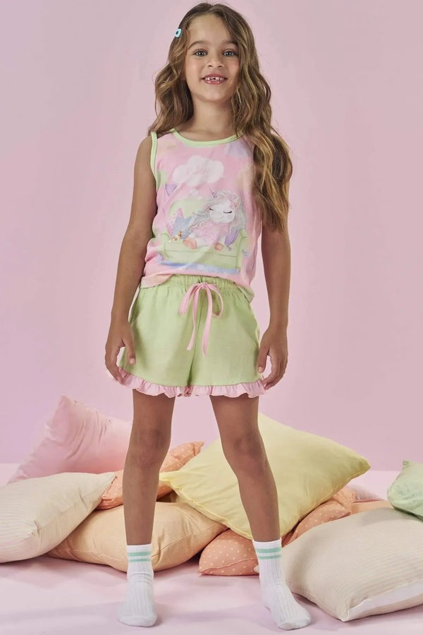 Pijama Infantil Kukiê Verão com Shorts Verde e Regata Rosa Unicórnio Hora de Dormir