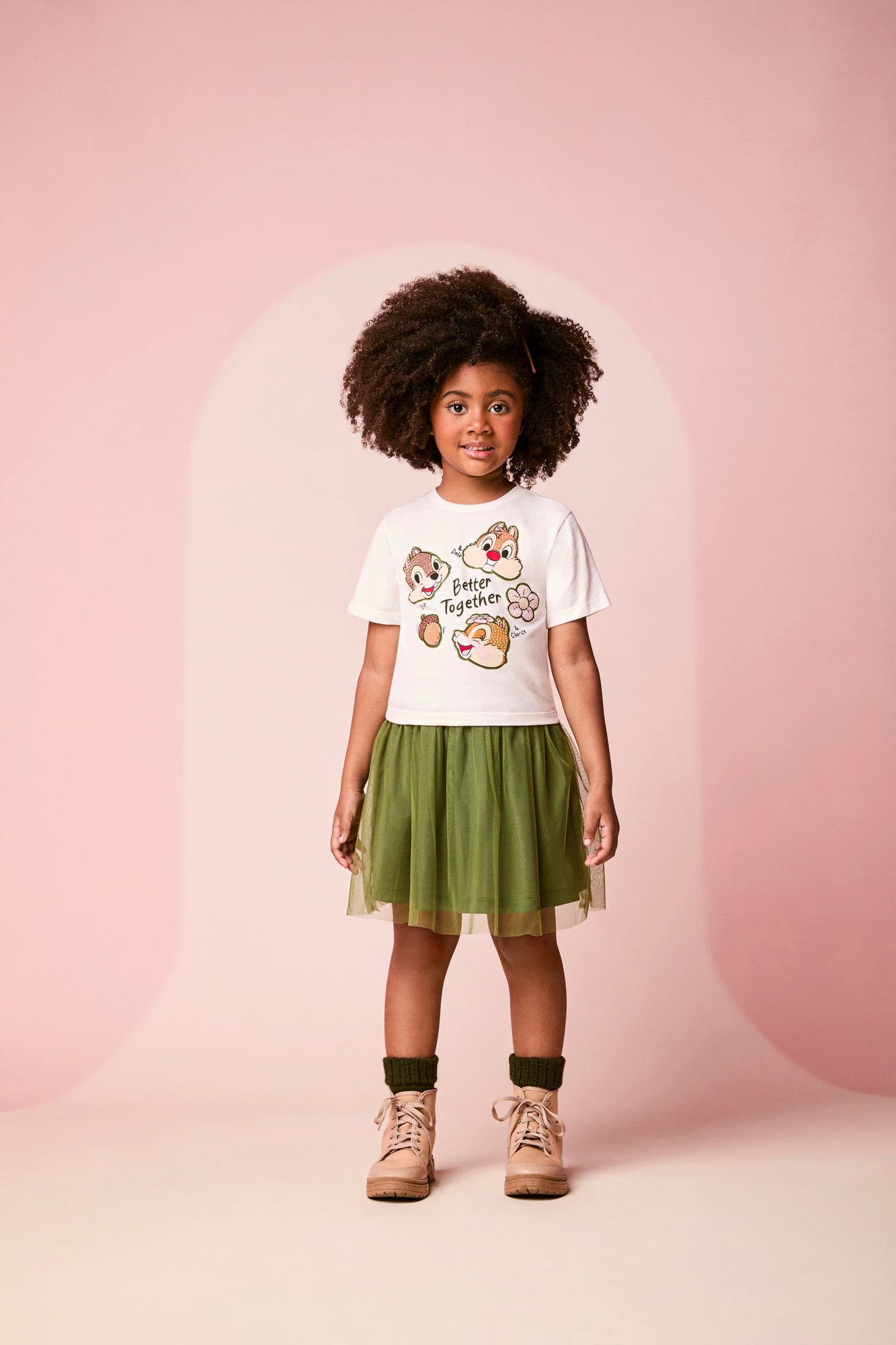 Conjunto Infantil Momi Inverno com Saia em Tule Verde e Blusa Manga Curta Tico e Teco Strass