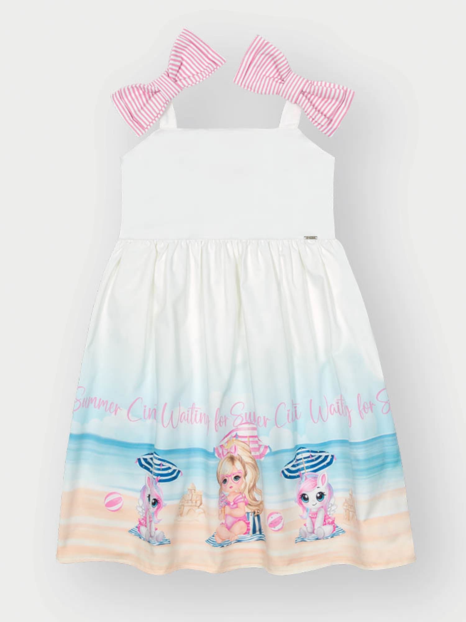 Vestido Infantil Cinti Verão Branco Unicórnio na Praia com Laço