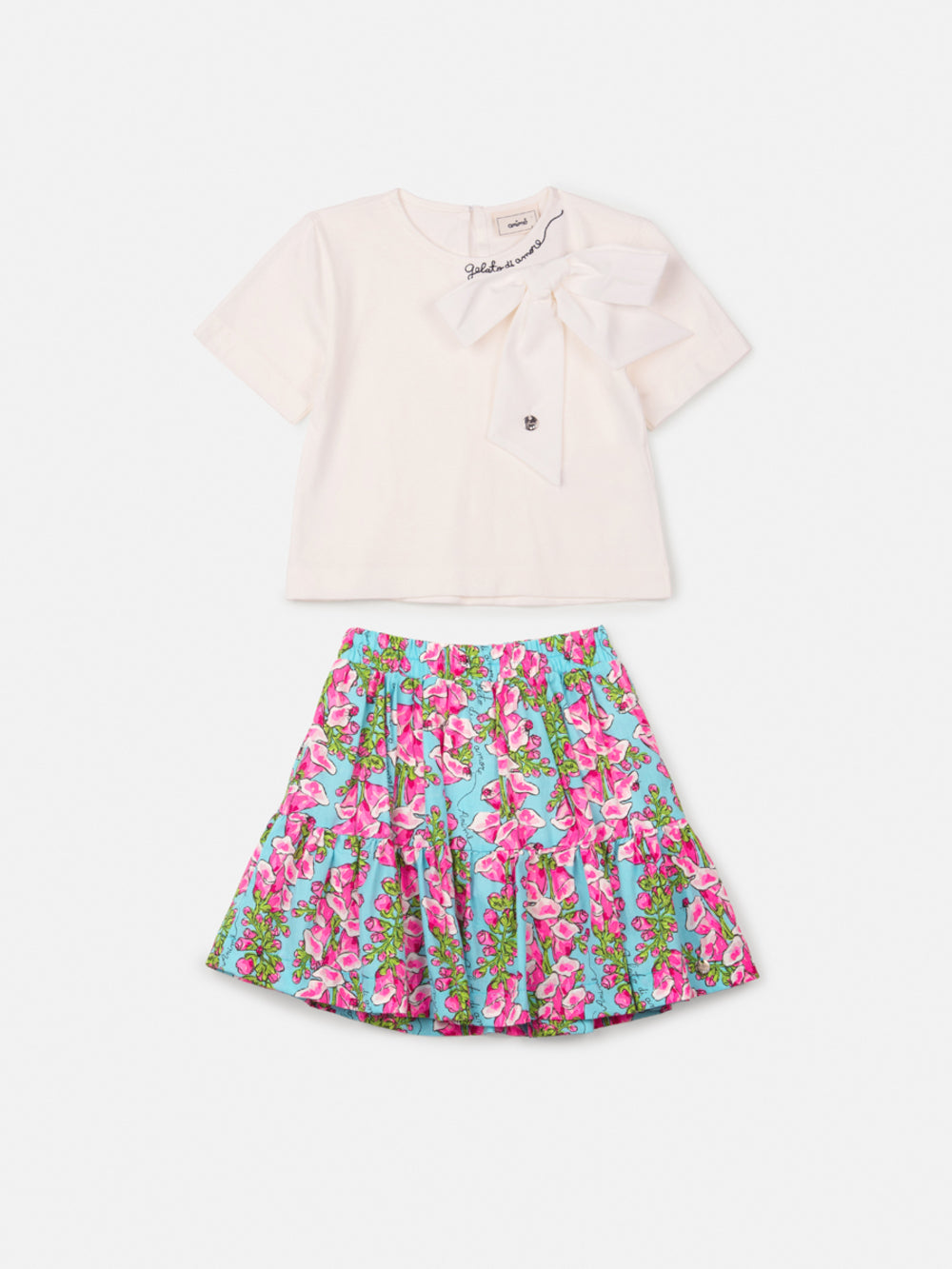 Conjunto Infantil Animê Verão Saia Azul Floral e Blusa Branca Lacinho