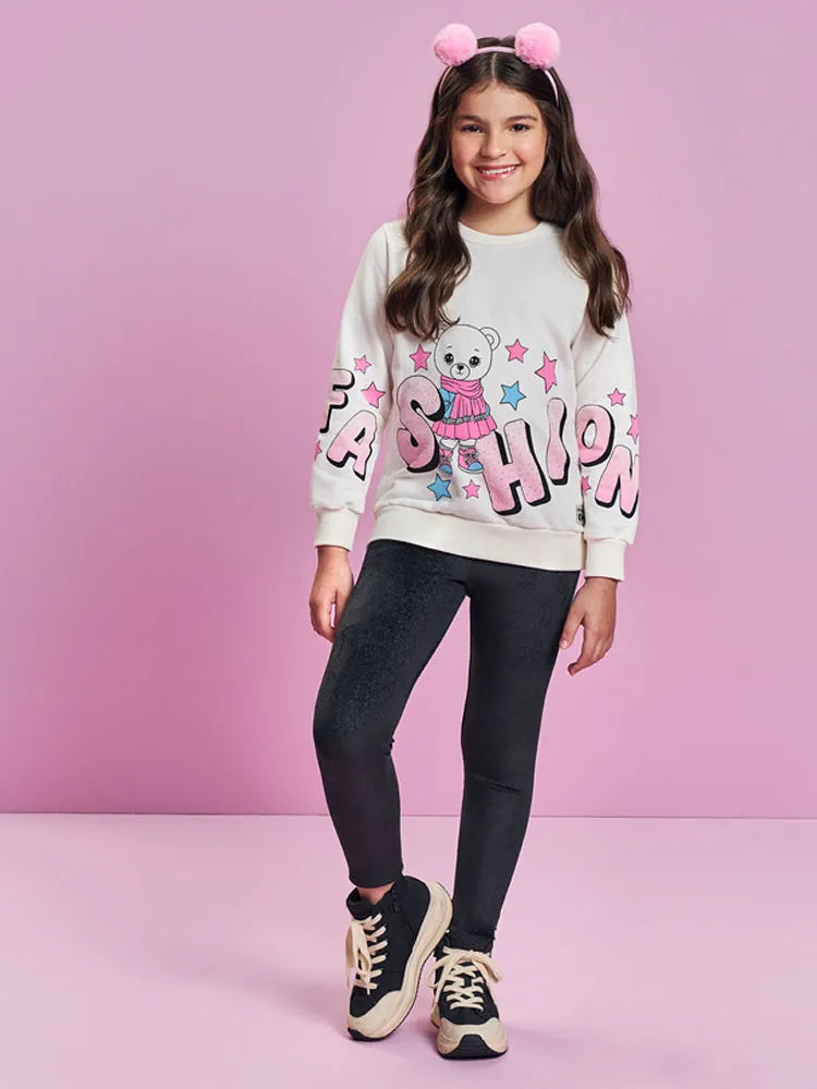 Conjunto Infantil Cinti Inverno Com Calça Preta e Moletom Flanelado Ursinha