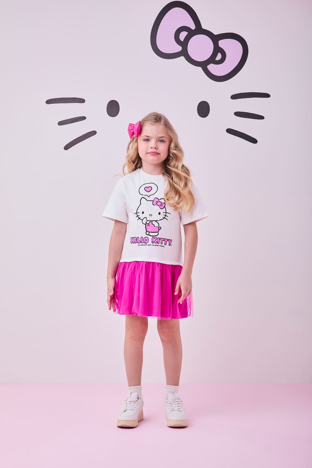 Vestido Infantil Momi Verão com Tule Rosa Hello Kitty