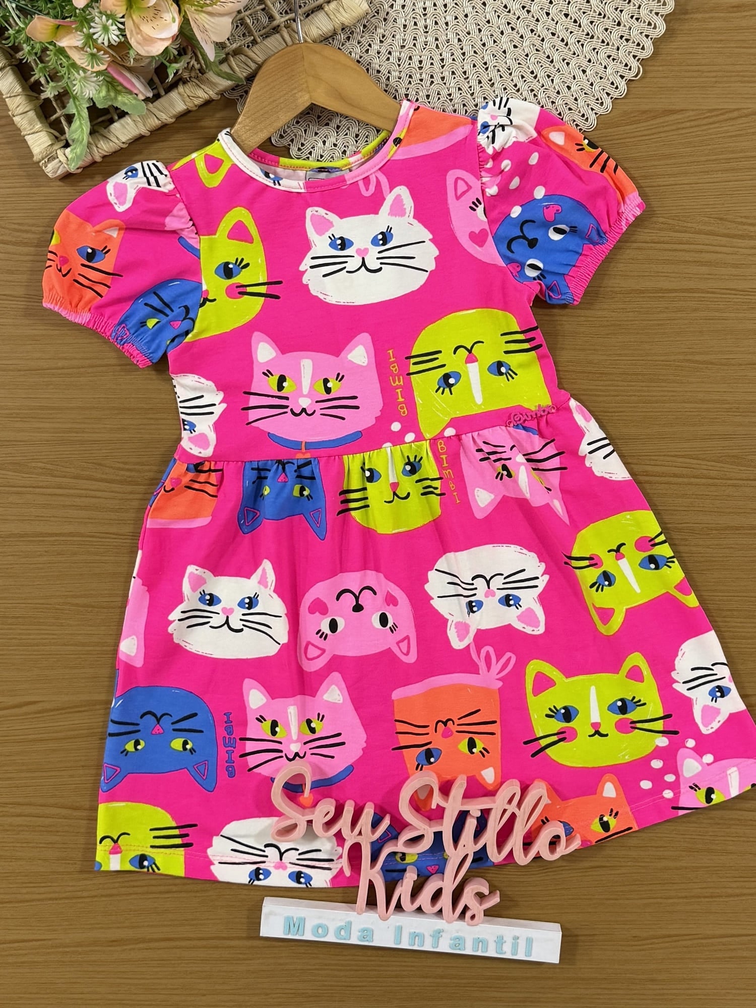 Vestido Infantil Bimbi Verão Rosa Gatinhas