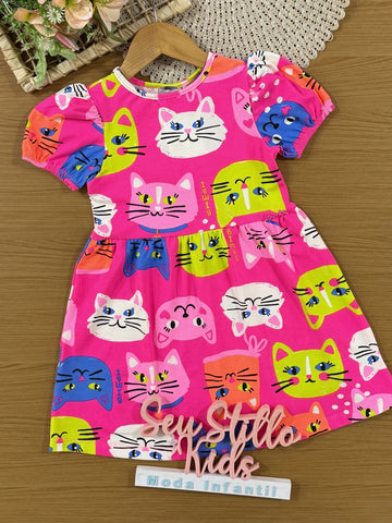 Vestido Infantil Bimbi Verão Rosa Gatinhas