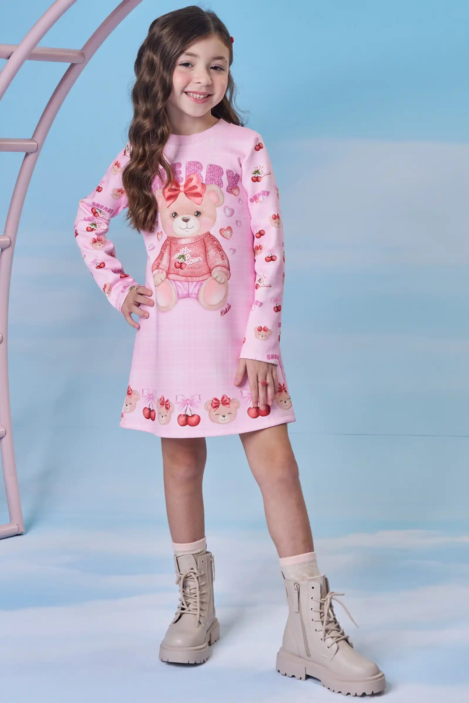 Vestido Infantil Kukiê Inverno Rosa Ursinha Cherry