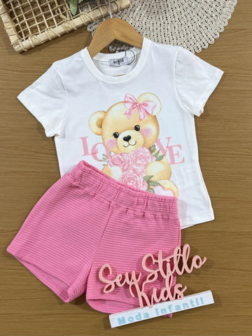 Conjunto Infantil Kukiê com Shorts Rosa e Blusa Manga Curta Ursinha Love