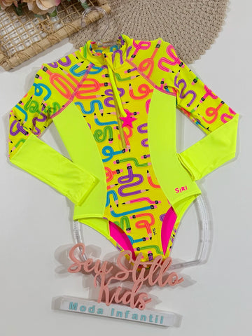 Maiô Infantil Siri Kids Manga Longa Amarelo Neon Lorena Lapis 43175