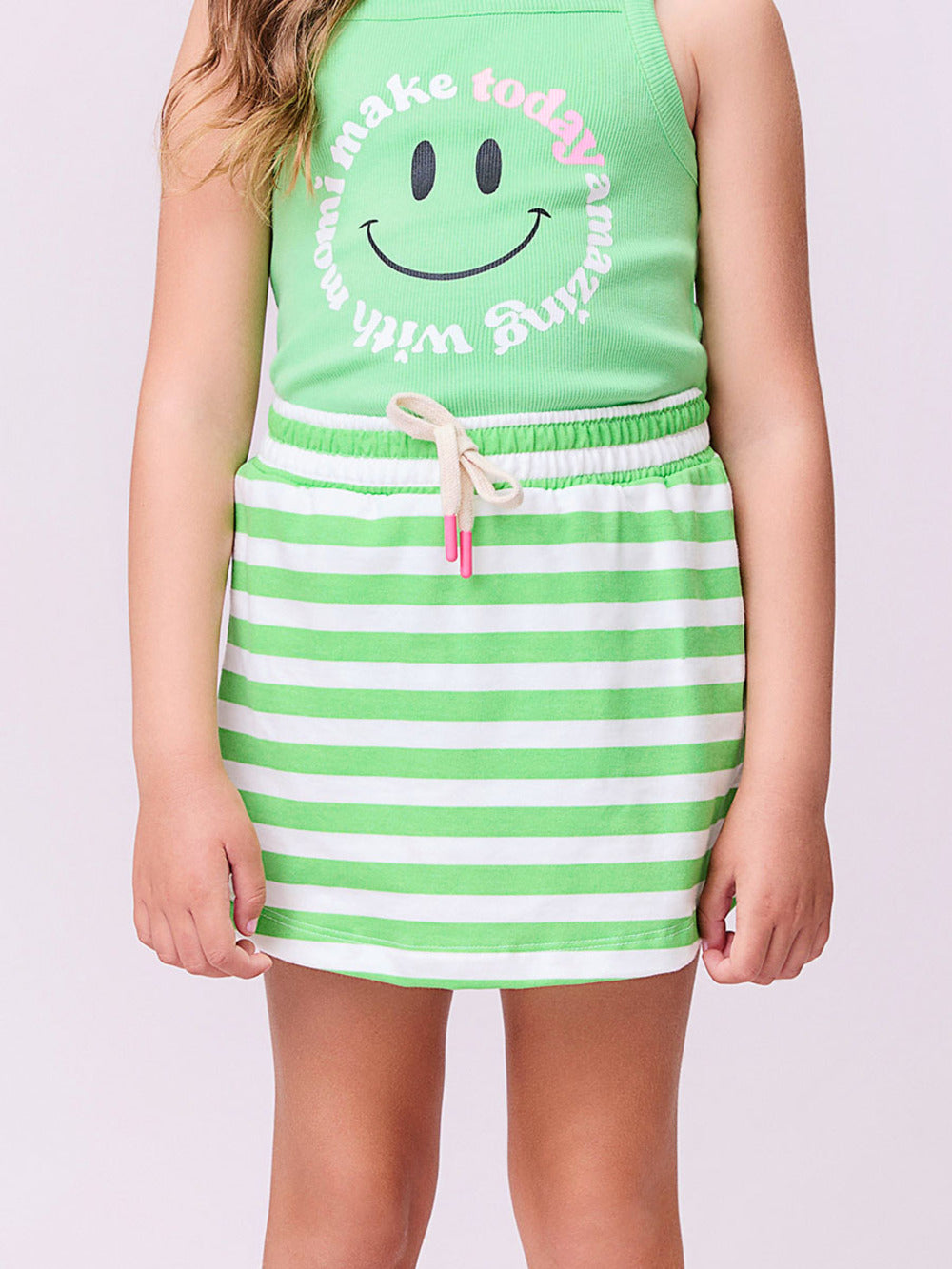 Conjunto Infantil Momi Verão Shorts Saia e Regata Verde Smile