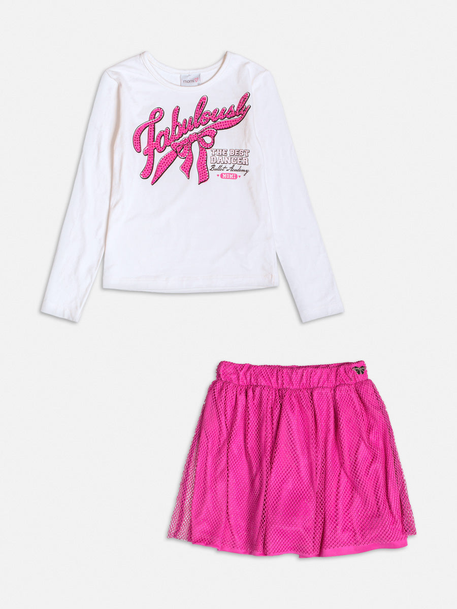 Conjunto Infantil Momi Inverno com Saia Rosa em Tela e Blusa Branca com Strass
