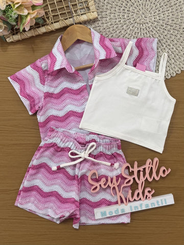 Conjunto Infantil Cinti Verão, Shorts Saia e Sobreposição Tricô 3D e Cropped Branca