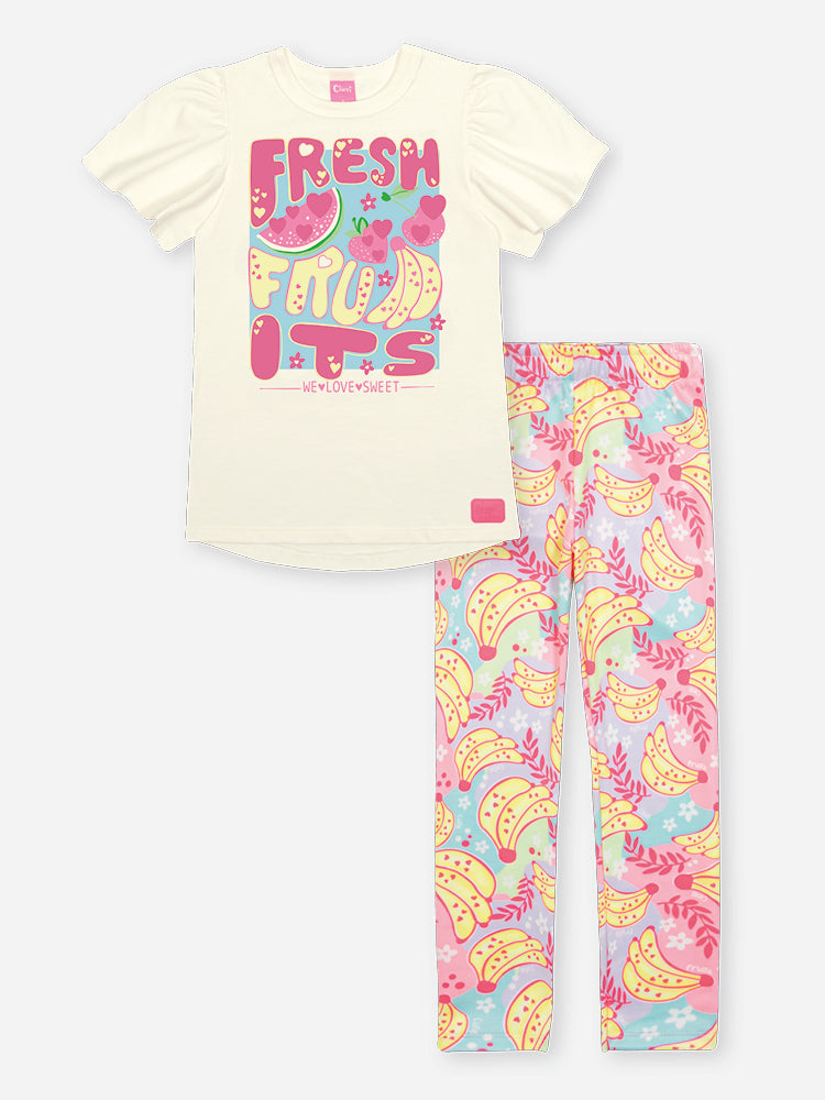 Conjunto Infantil Cinti Verão com Calça Legging Colorida e Blusa Branca Frutinhas Fresh