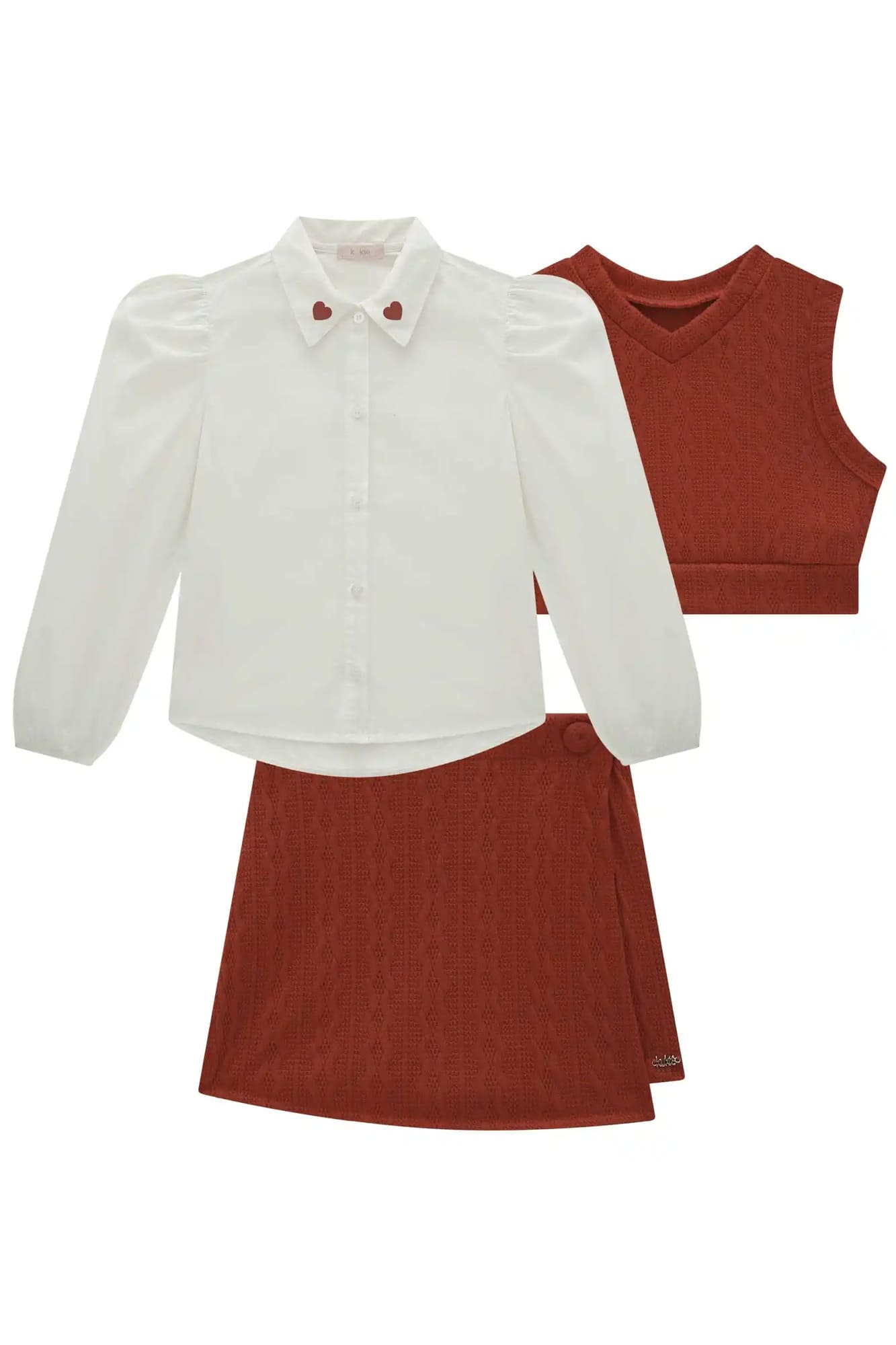 Conjunto Infantil Kukie Inverno Camisa Com Colete e Shorts Saia
