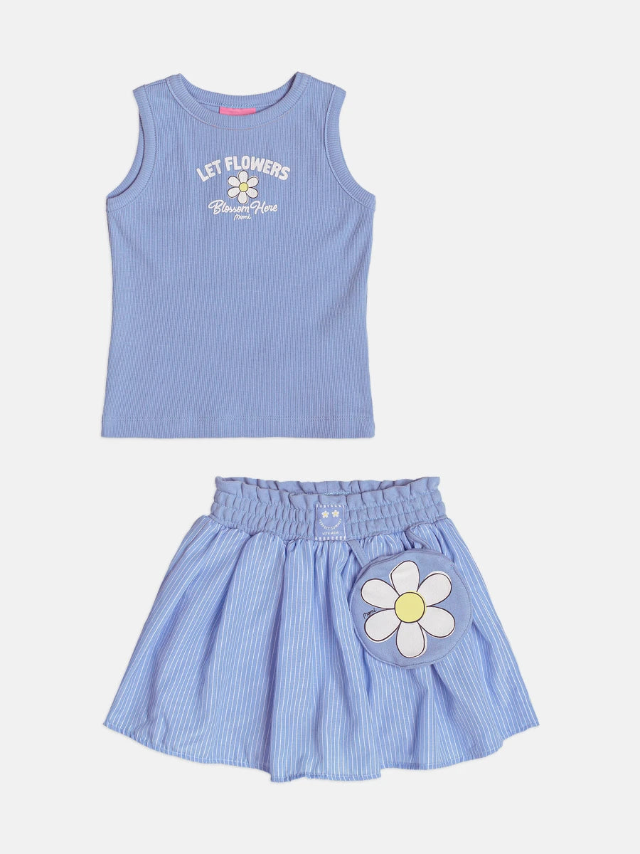 Conjunto Infantil Menina Momi com Saia e Regata Azul Let Flowers