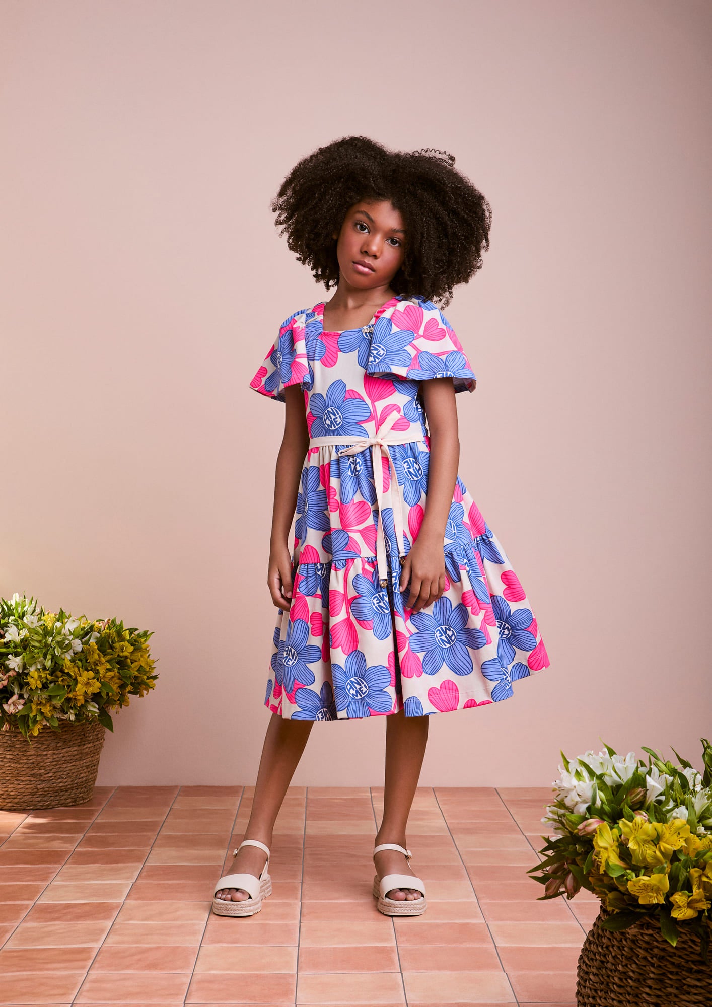 Vestido Infantil Animê Verão Bege Flores