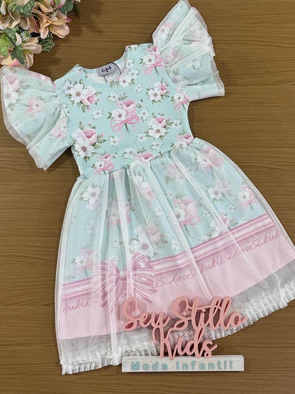 Vestido Infantil Kukie Verão Tule Verde Floral