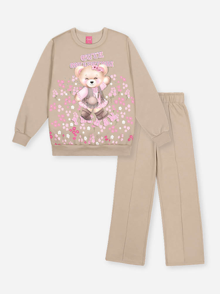 Conjunto Infantil Cinti Inverno com Calça e Moletom Flanelado Bege Ursinha Cute
