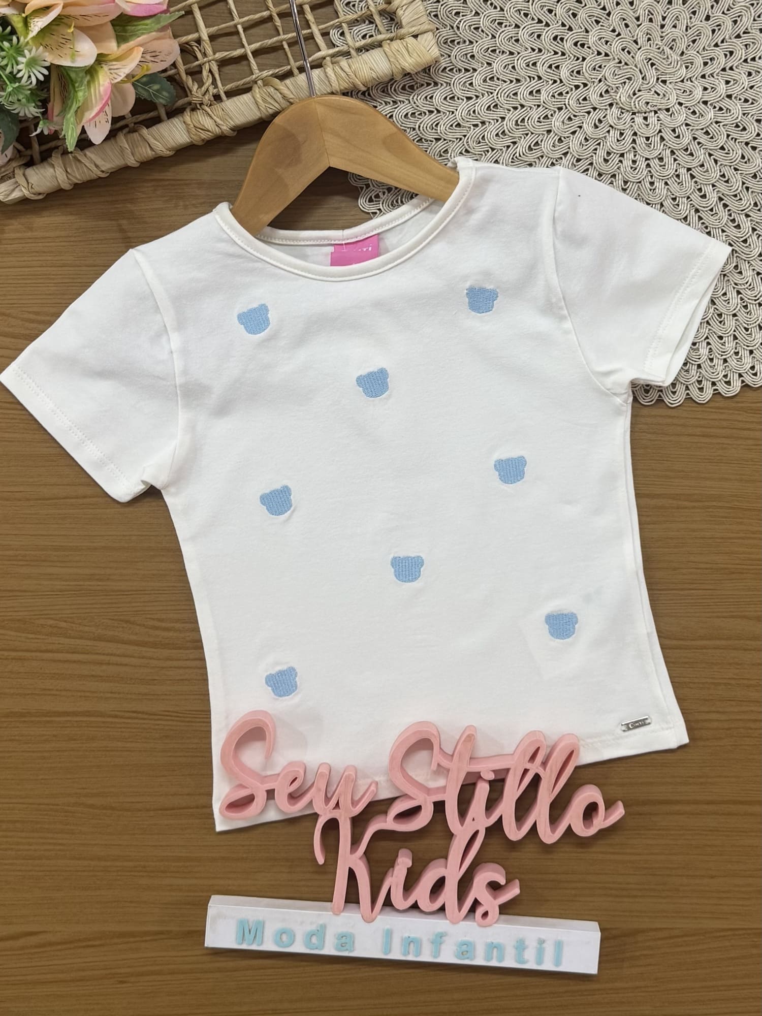Blusa Infantil Cinti Verão Branca Ursinhos Azul