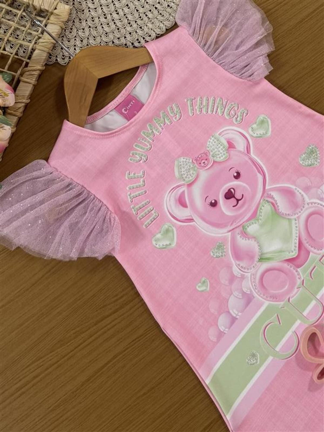 Vestido Infantil Cinti Verão Rosa Ursinha Cutie com Strass