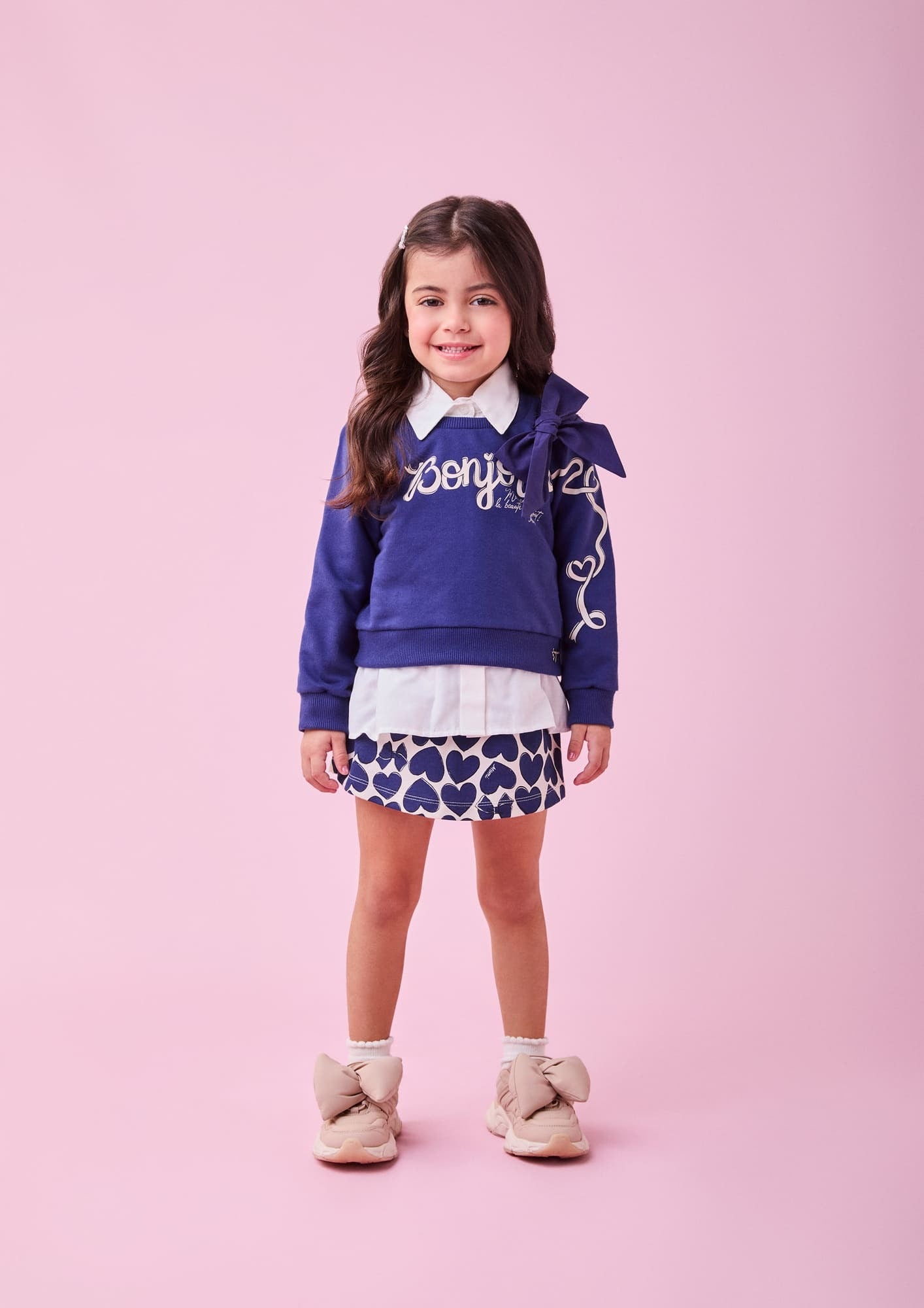 Conjunto Infantil Momi Inverno Short Saia e Casaco Azul com Laço