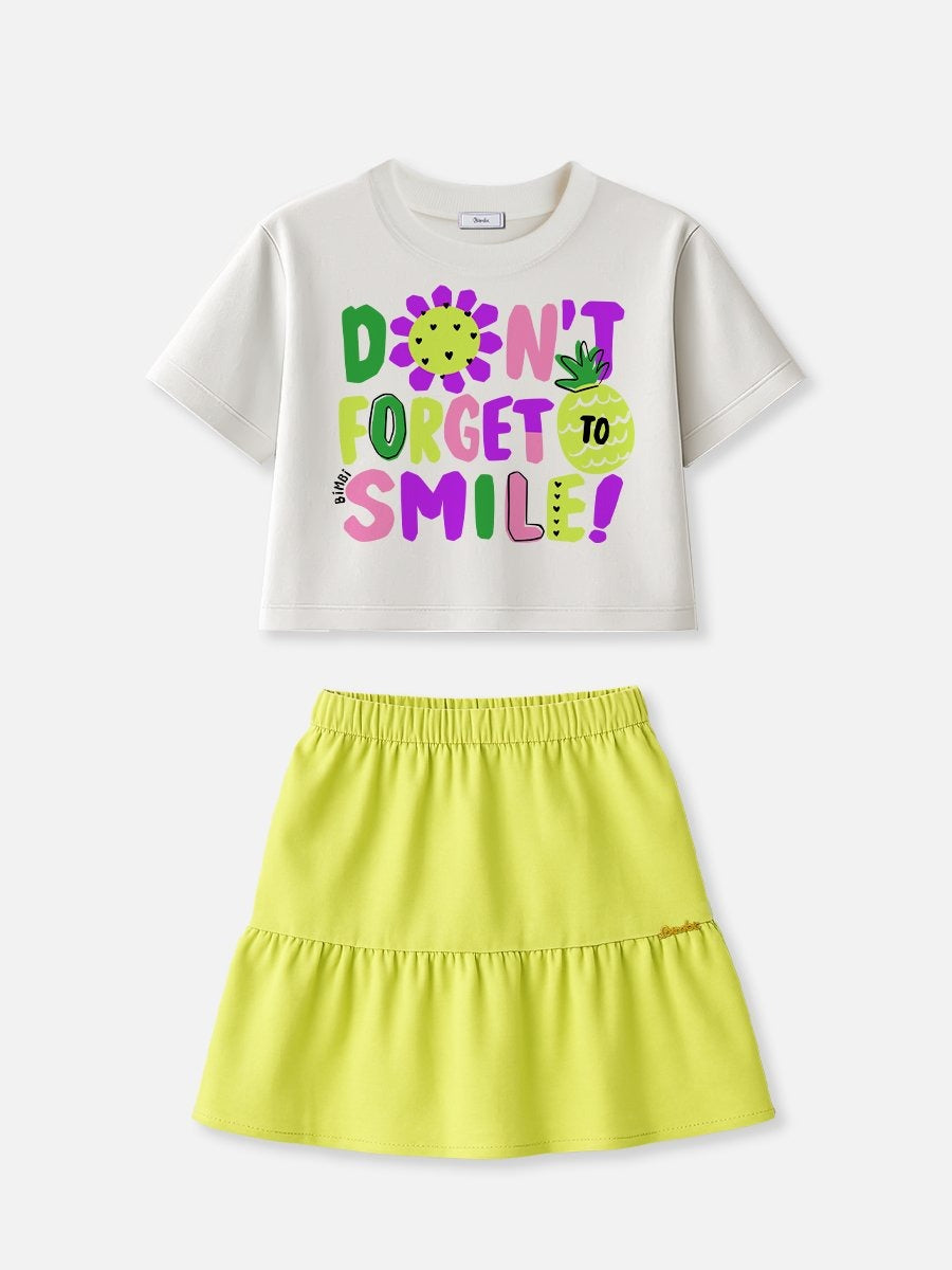 Conjunto Infantil Bimbi Verão com Saia Verde e Blusa Branca Smile