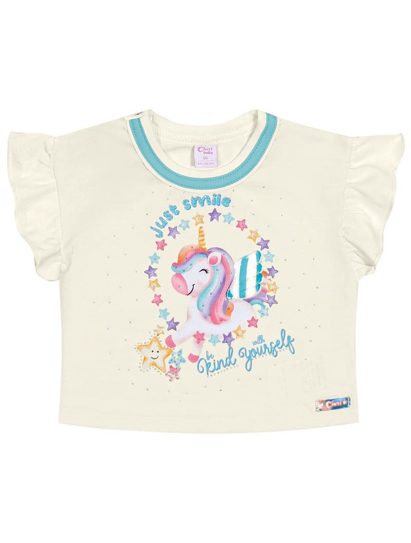 Conjunto Infantil Cinti Verão Shorts Saia Azul e Blusa Unicórnio