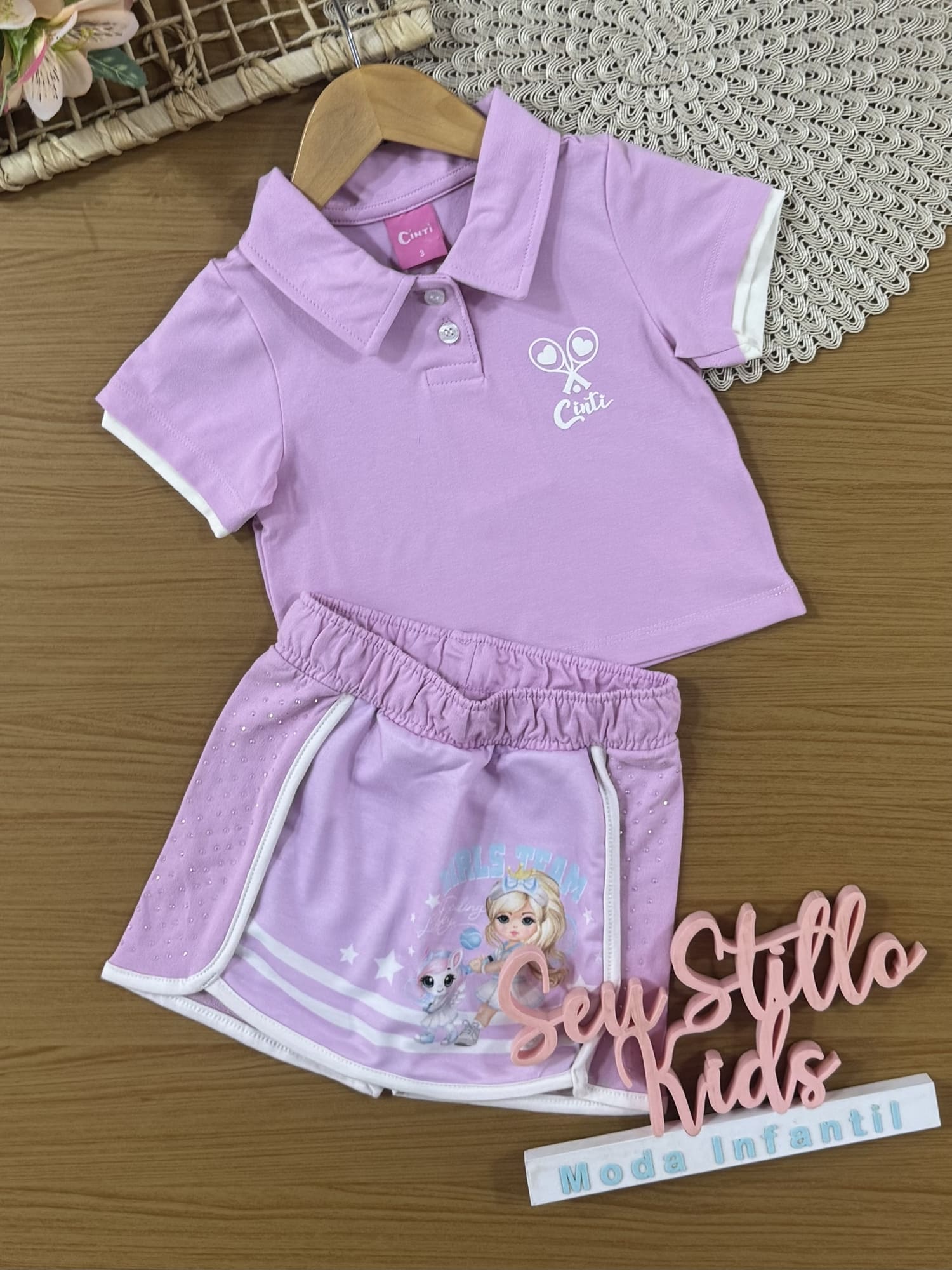 Conjunto Infantil Cinti Verão com Shorts Saia e Blusa Lilás Tênista