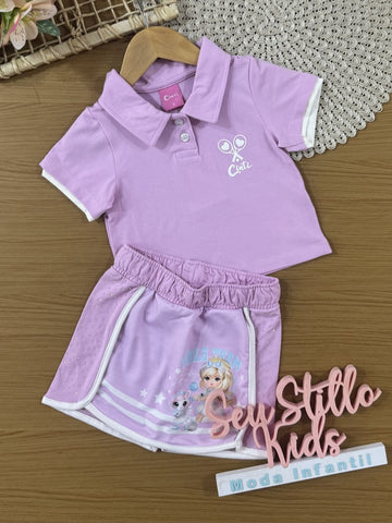 Conjunto Infantil Cinti Verão com Shorts Saia e Blusa Lilás Tênista