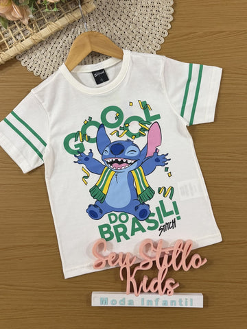 Blusa Infantil Brandili Inverno Manga Curta Branca Stitch Copa Brasil Disney