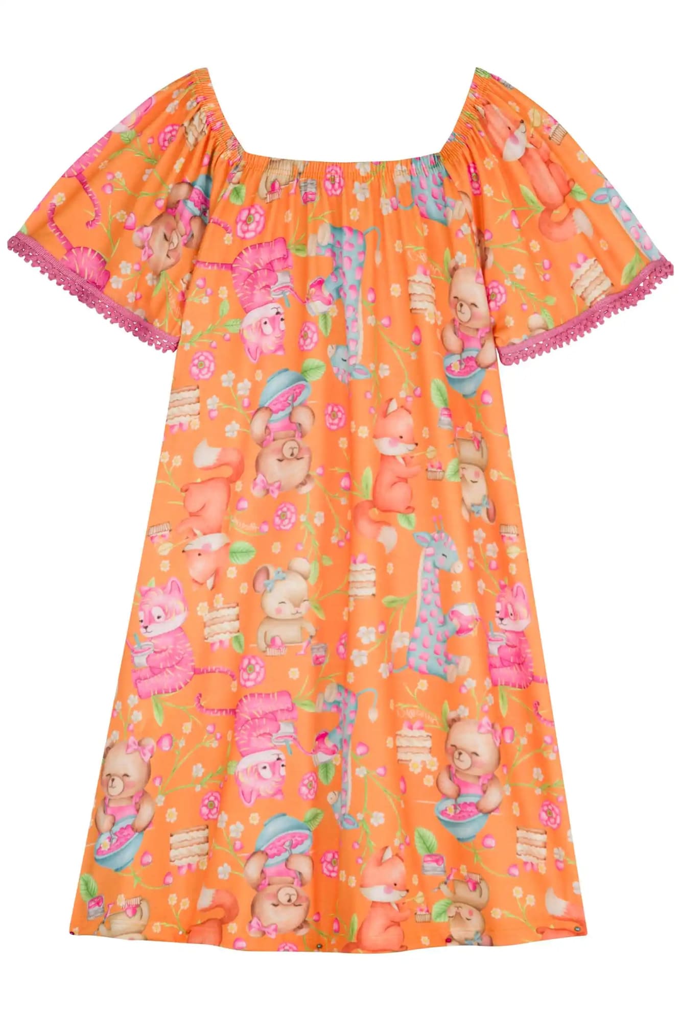 Vestido Infantil Kukiê Verão Laranja Festa dos Animais com Bolsinha