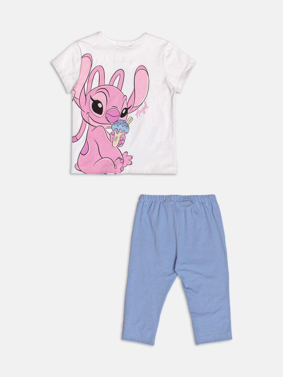 Conjunto Infantil Momi Verão com Shorts Ciclista Azul e Blusa Branca Angel e Stitch Disney