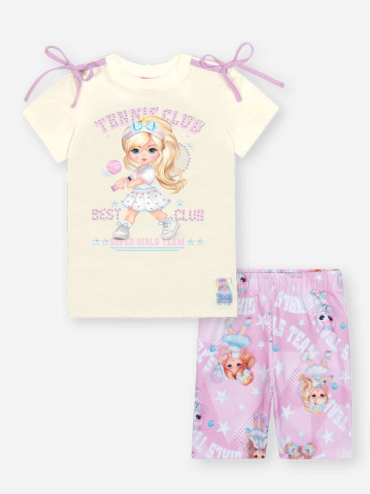 Conjunto Infantil Cinti Verão com Shorts Ciclista Lilás e Blusa Branca Tennis Club