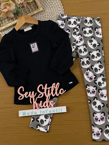 Conjunto Infantil Kukiê Inverno com Calça Legging e Blusa Manga Longa Preta Pandinha