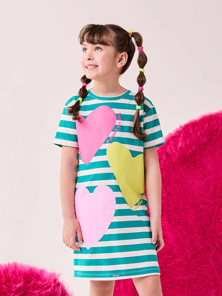 Vestido Infantil Bimbi Inverno Verde Listrado Coração