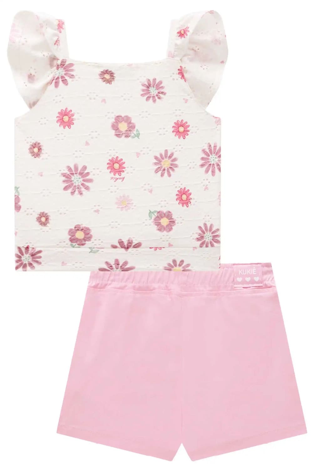 Conjunto Infantil Kukie Verão Shorts Saia Rosa e Blusa Boxy Flores