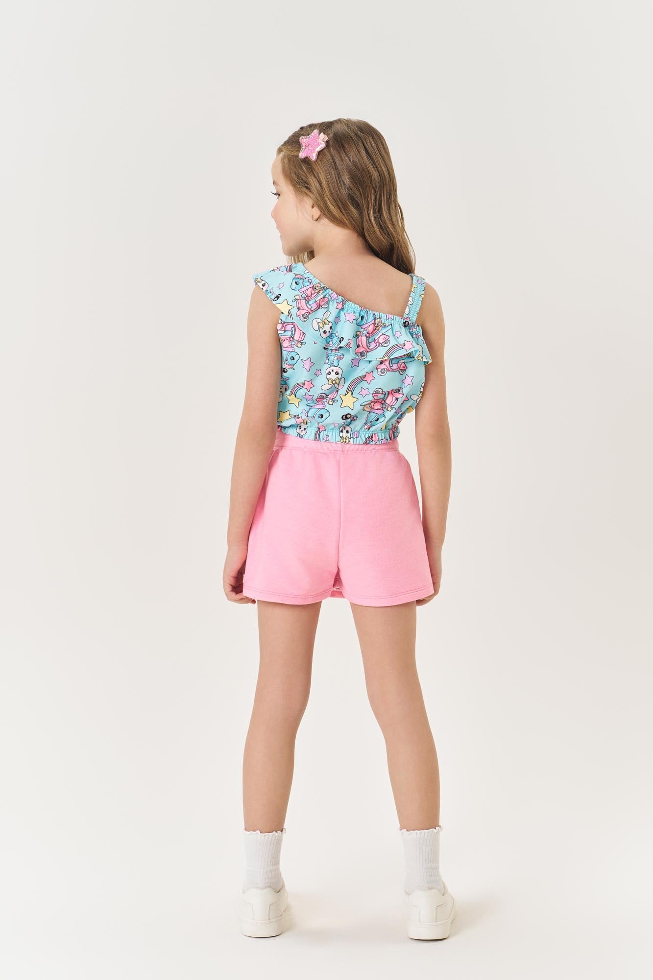 Conjunto Infantil Cinti Shorts Saia e Cropped Azul Coelhinha