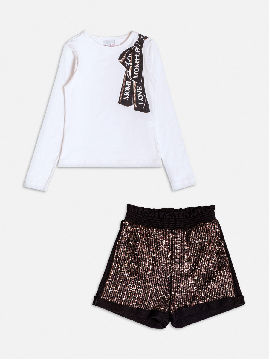 Conjunto Infantil Momi Inverno Shorts Paetê e Blusa Manga Longa Laço