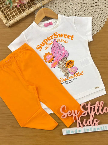 Conjunto Infantil Menina Momi com Calça Legging Laranja e Blusa Branca Sorvetinho Strass