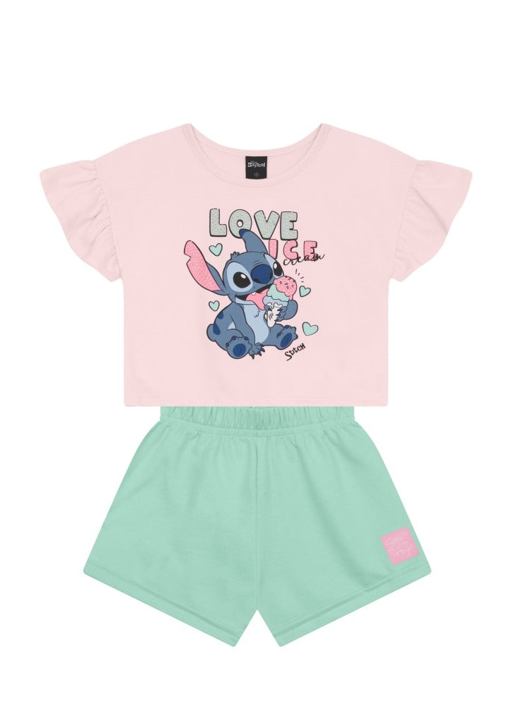 Conjunto Infantil Menina Brandili com Shorts Verde e Blusa Rosa Stitch Love Ice Disney